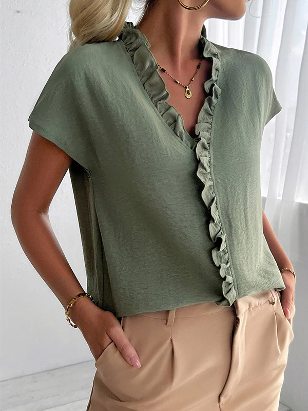 Loose Short Sleeves Ruffle Trim Solid Color V-Neck Blouses&Shirts Tops - Image 8