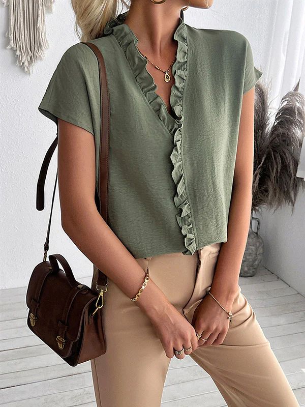 Loose Short Sleeves Ruffle Trim Solid Color V-Neck Blouses&Shirts Tops - Image 9