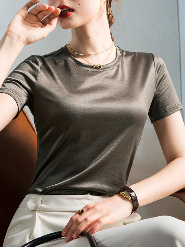 Loose Short Sleeves Shiny Solid Color Round-Neck T-Shirts Tops - Image 2