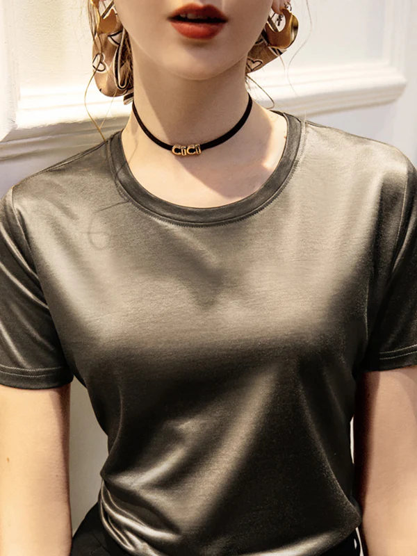 Loose Short Sleeves Shiny Solid Color Round-Neck T-Shirts Tops - Image 5