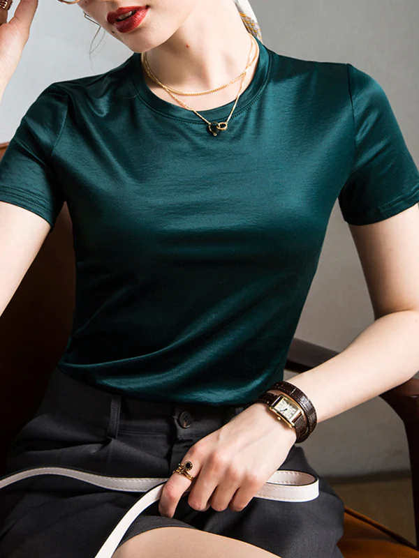 Loose Short Sleeves Shiny Solid Color Round-Neck T-Shirts Tops - Image 6