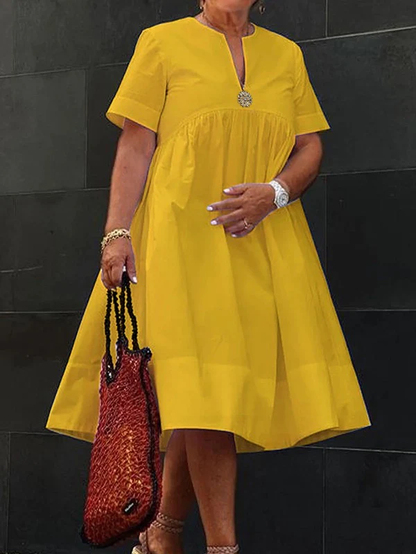 Loose Short Sleeves Solid Color Deep V-Neck Midi Dresses Shirt Dress - Image 10