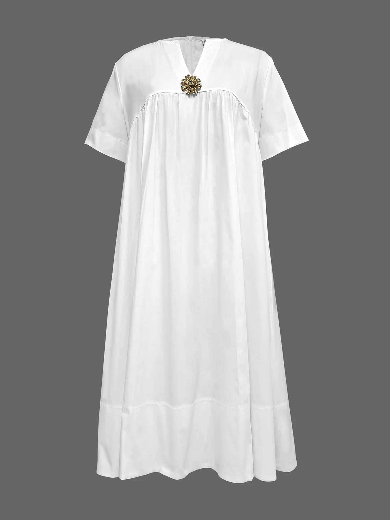 Loose Short Sleeves Solid Color Deep V-Neck Midi Dresses Shirt Dress - Image 4