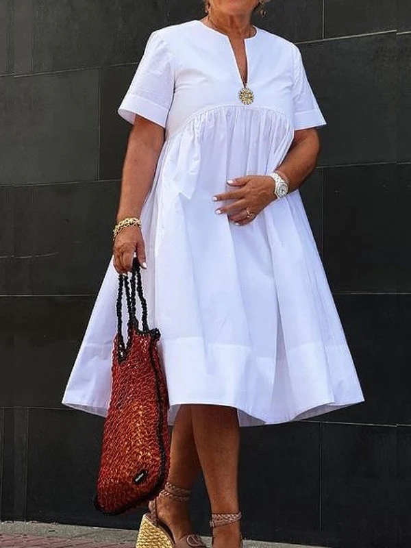 Loose Short Sleeves Solid Color Deep V-Neck Midi Dresses Shirt Dress - Image 9