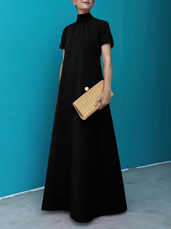 Loose Short Sleeves Solid Color High-Neck Maxi Dresses - Image 3