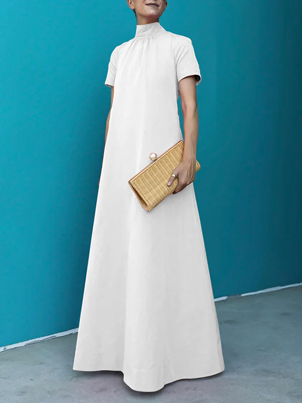 Loose Short Sleeves Solid Color High-Neck Maxi Dresses - Image 4