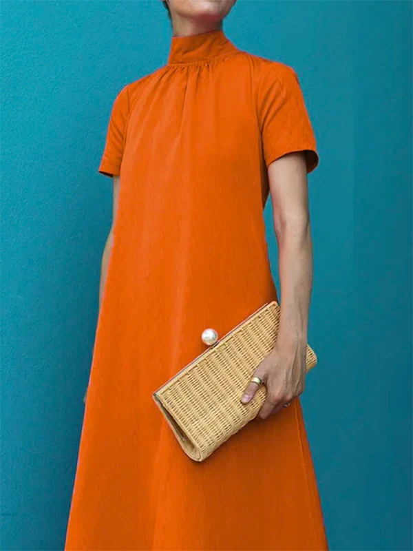Loose Short Sleeves Solid Color High-Neck Maxi Dresses - Image 5