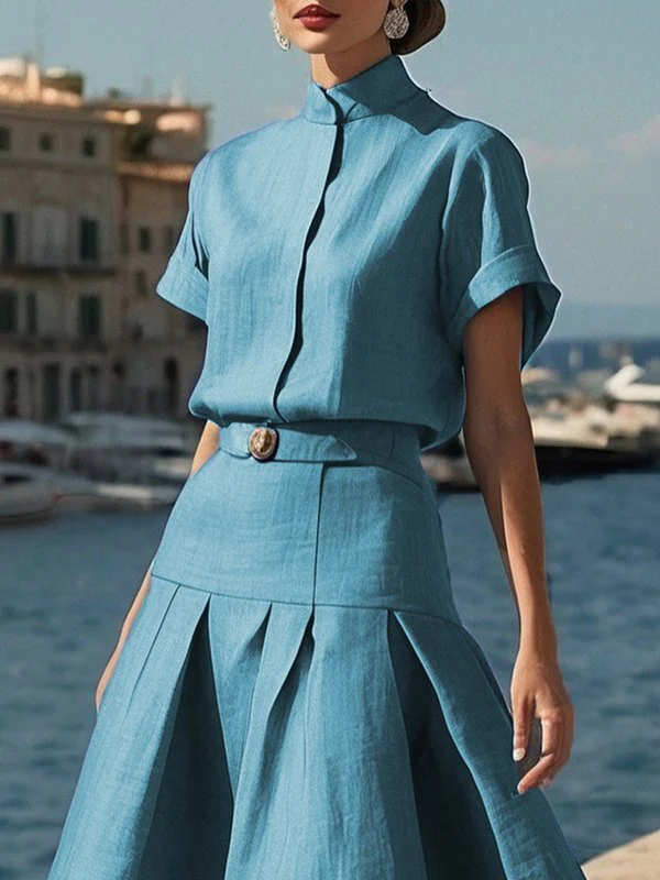 Loose Short Sleeves Solid Color Mock Neck Blouses&Shirts Tops - Image 10