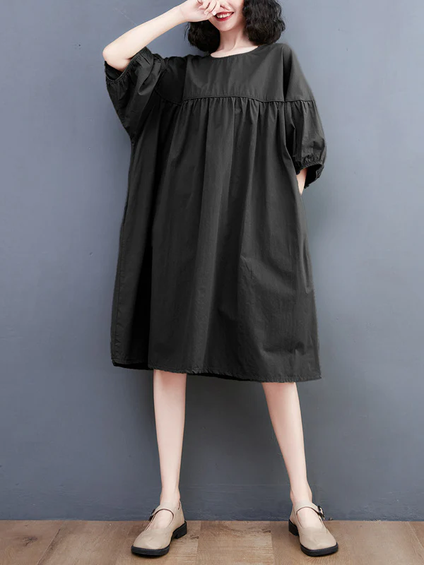 Loose Short Sleeves Solid Color Round-Neck Midi Dresses - Image 10