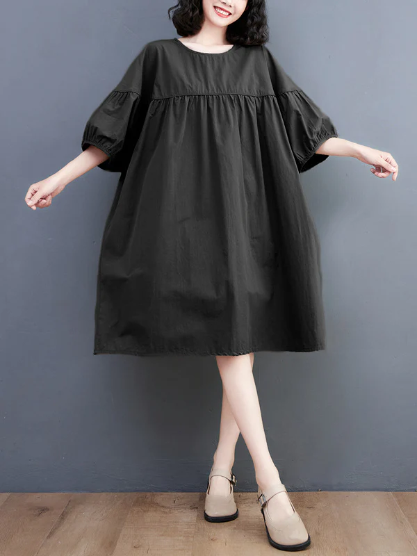 Loose Short Sleeves Solid Color Round-Neck Midi Dresses - Image 11