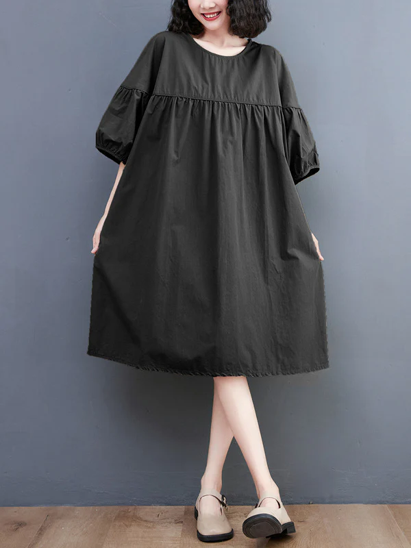 Loose Short Sleeves Solid Color Round-Neck Midi Dresses - Image 12