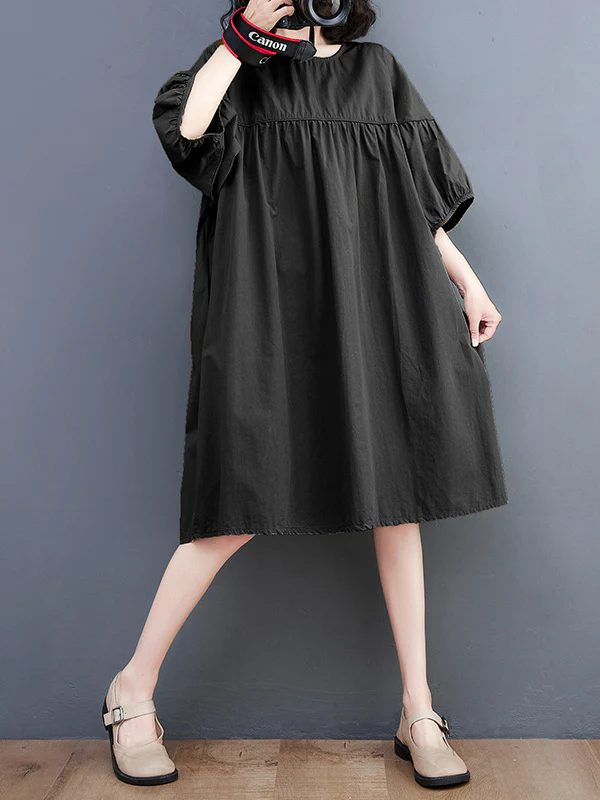 Loose Short Sleeves Solid Color Round-Neck Midi Dresses - Image 2