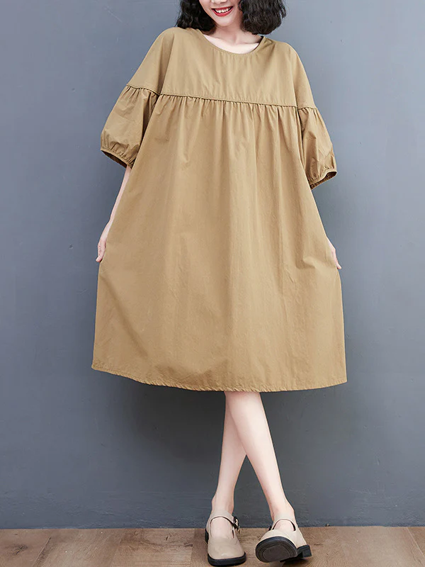 Loose Short Sleeves Solid Color Round-Neck Midi Dresses - Image 3