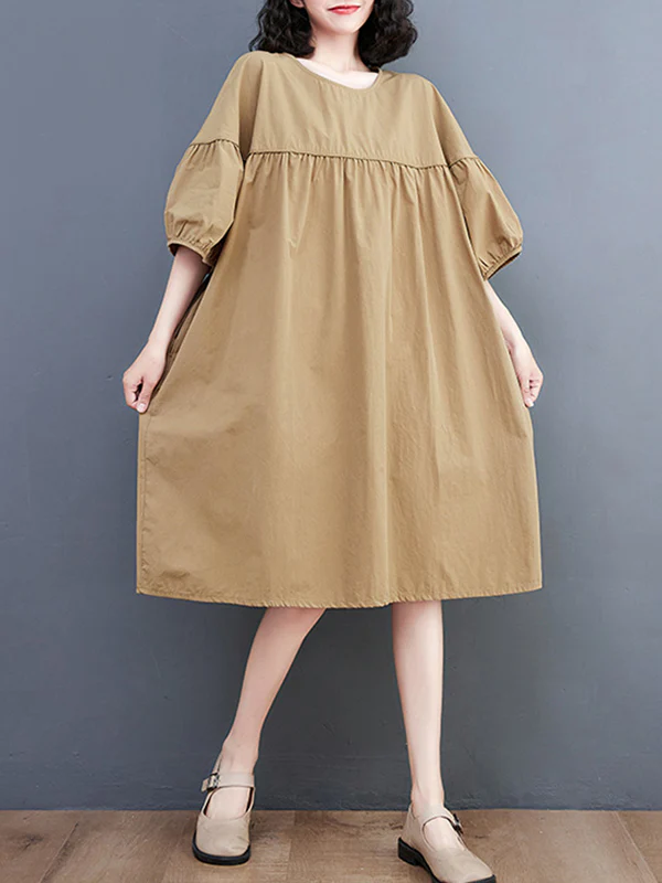 Loose Short Sleeves Solid Color Round-Neck Midi Dresses - Image 4