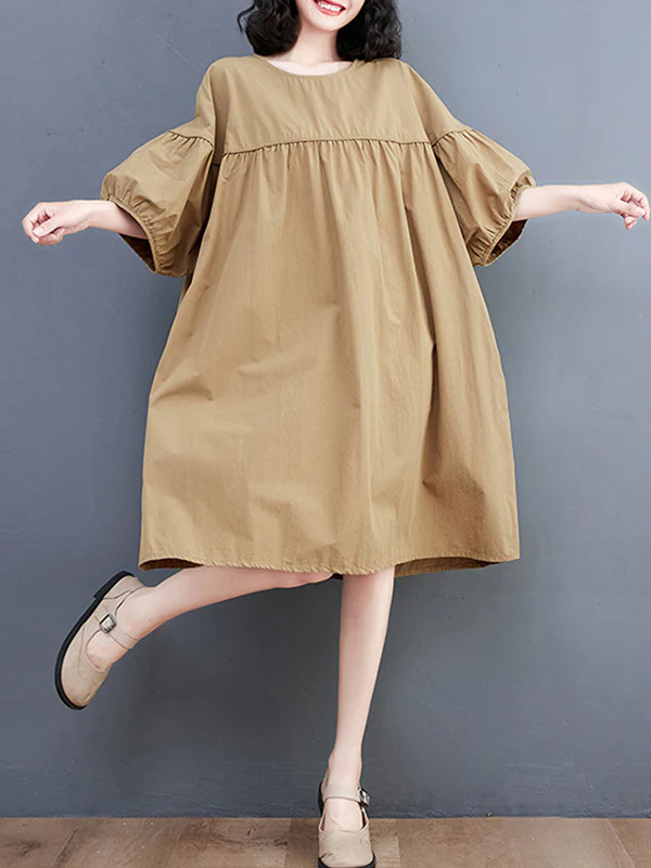 Loose Short Sleeves Solid Color Round-Neck Midi Dresses - Image 5