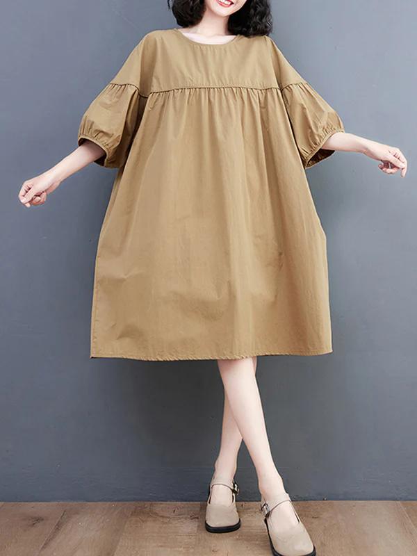 Loose Short Sleeves Solid Color Round-Neck Midi Dresses - Image 6