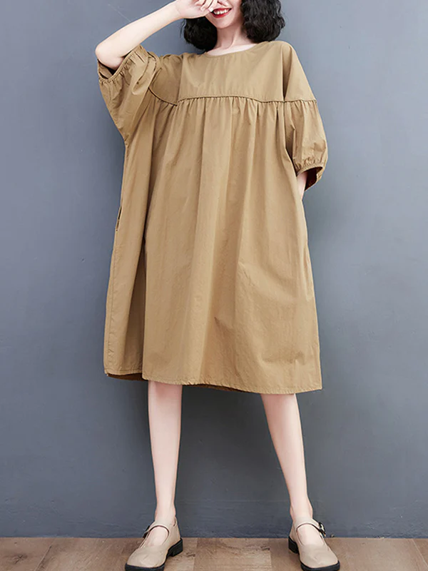 Loose Short Sleeves Solid Color Round-Neck Midi Dresses - Image 7