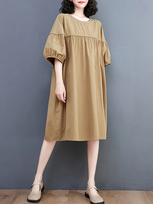 Loose Short Sleeves Solid Color Round-Neck Midi Dresses - Image 8