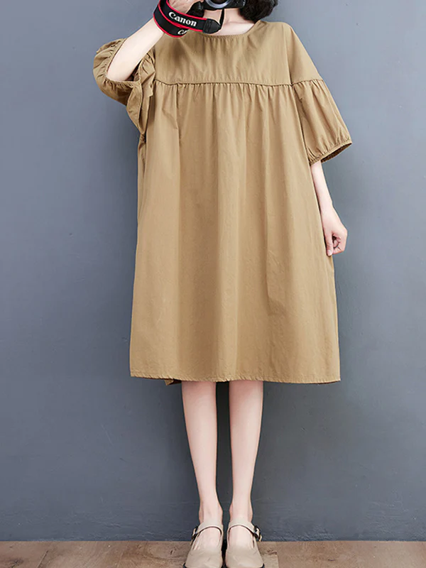 Loose Short Sleeves Solid Color Round-Neck Midi Dresses - Image 9