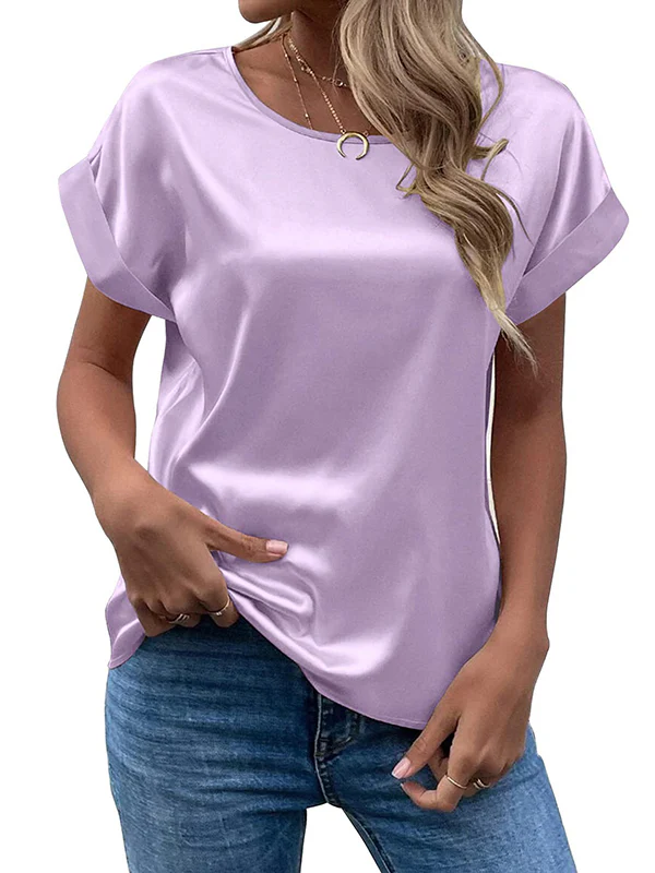 Loose Short Sleeves Solid Color Round-Neck T-Shirts Tops - Image 7