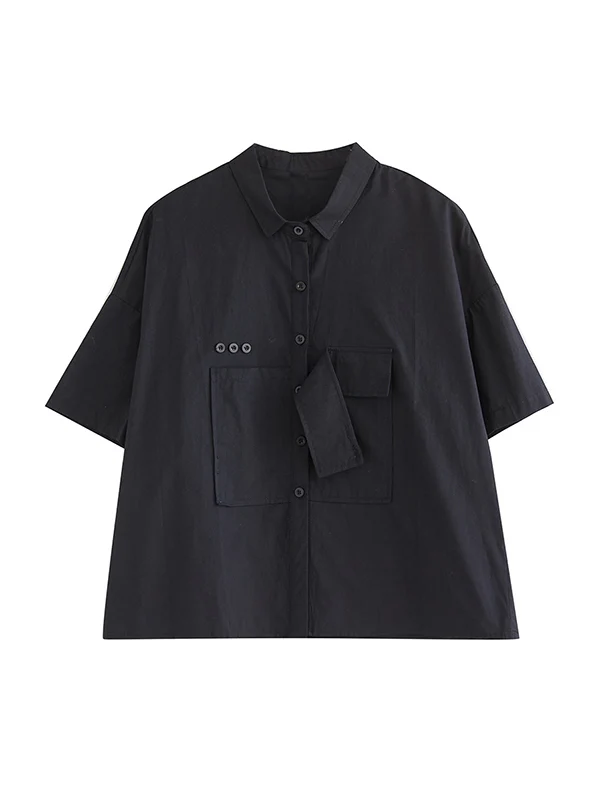 Loose Short Sleeves Solid Color Split-Joint Blouses - Image 10