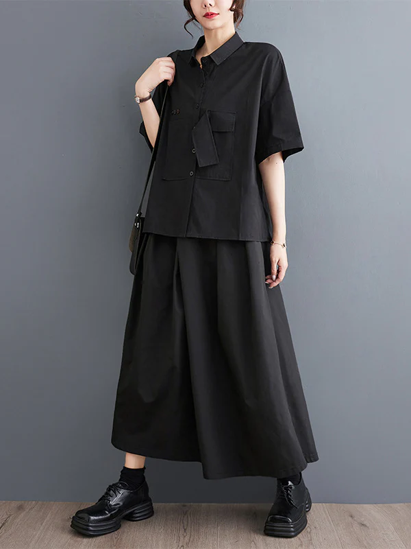 Loose Short Sleeves Solid Color Split-Joint Blouses - Image 11
