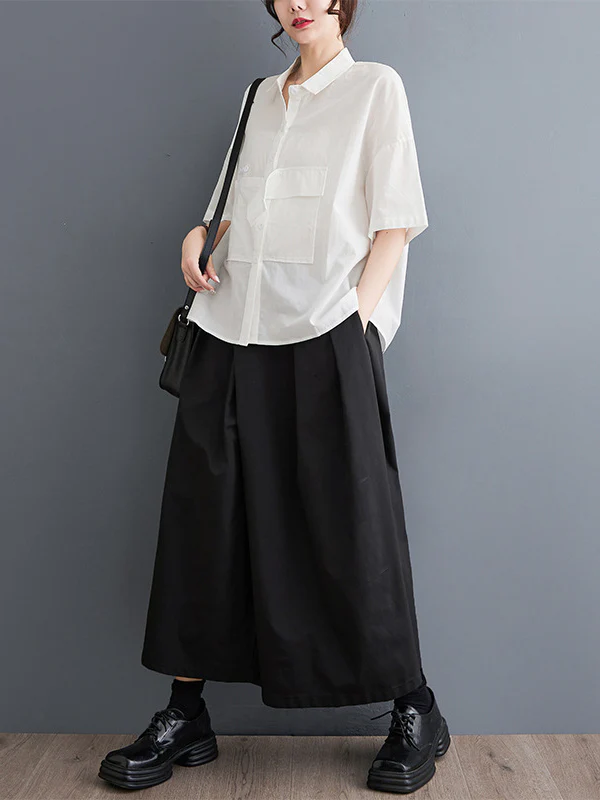 Loose Short Sleeves Solid Color Split-Joint Blouses - Image 12