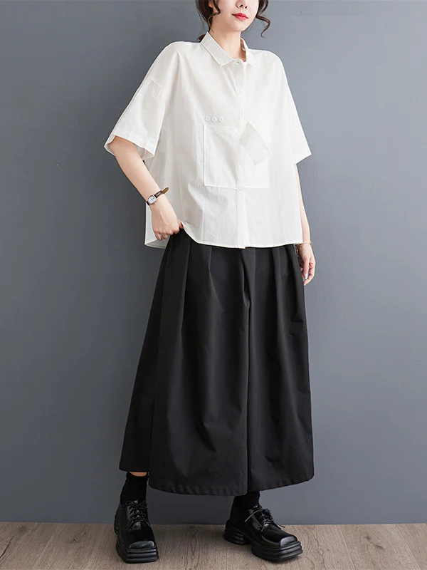 Loose Short Sleeves Solid Color Split-Joint Blouses - Image 13