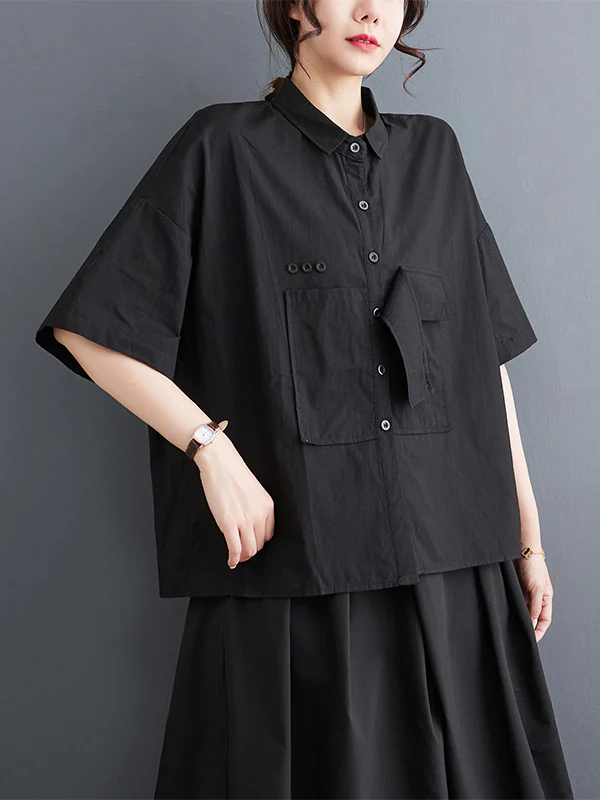 Loose Short Sleeves Solid Color Split-Joint Blouses - Image 2