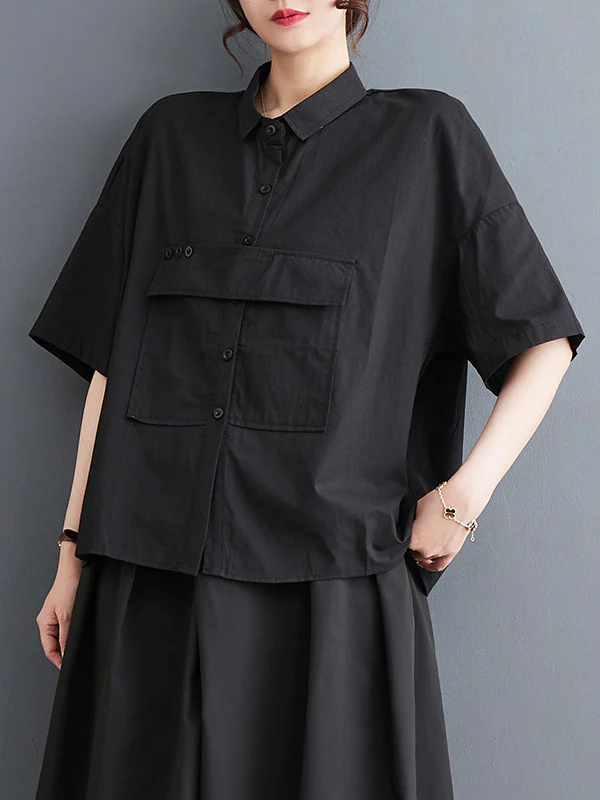 Loose Short Sleeves Solid Color Split-Joint Blouses - Image 3