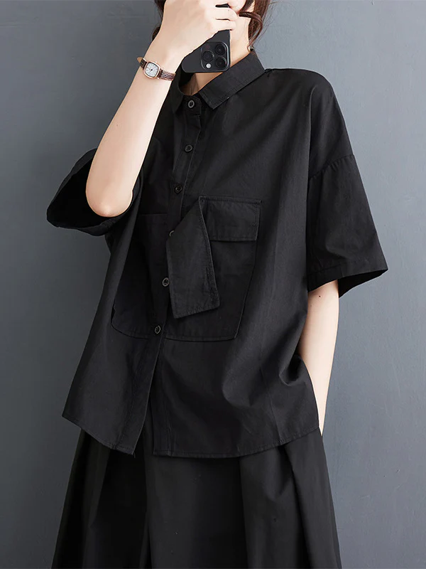 Loose Short Sleeves Solid Color Split-Joint Blouses - Image 4