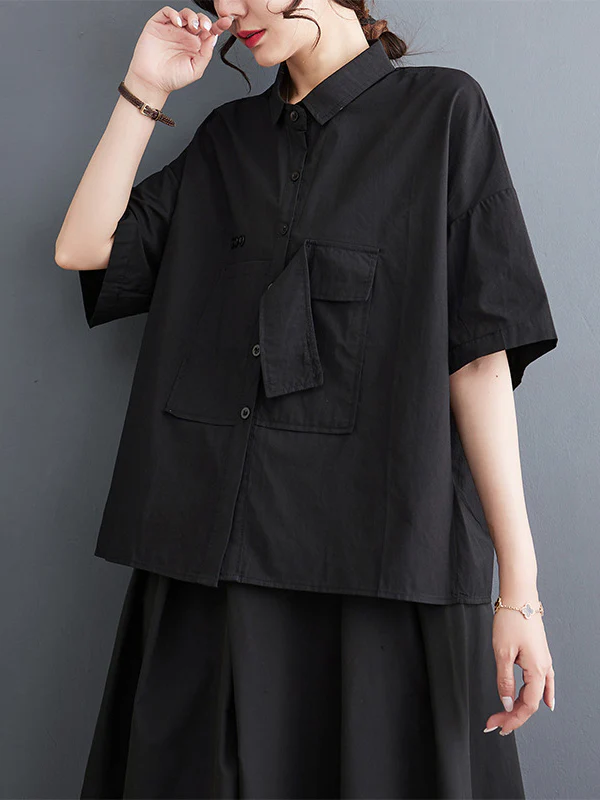 Loose Short Sleeves Solid Color Split-Joint Blouses - Image 5