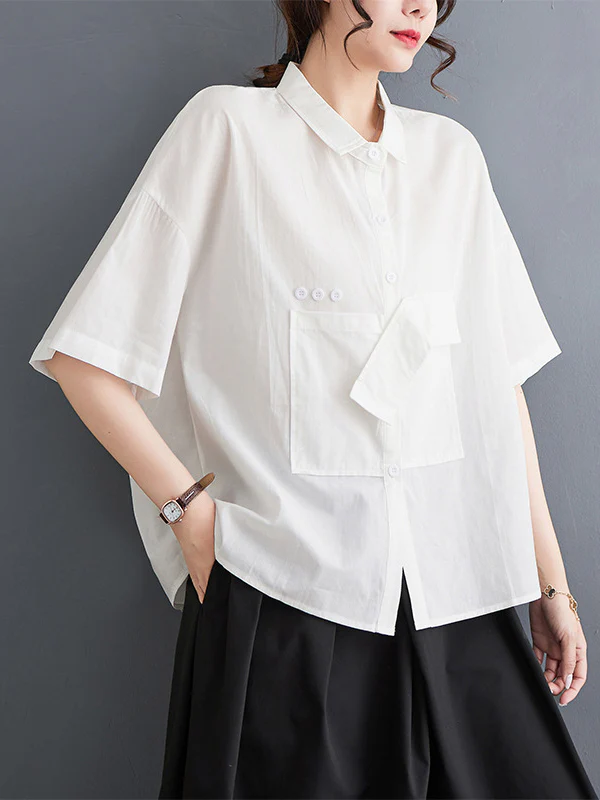 Loose Short Sleeves Solid Color Split-Joint Blouses - Image 6