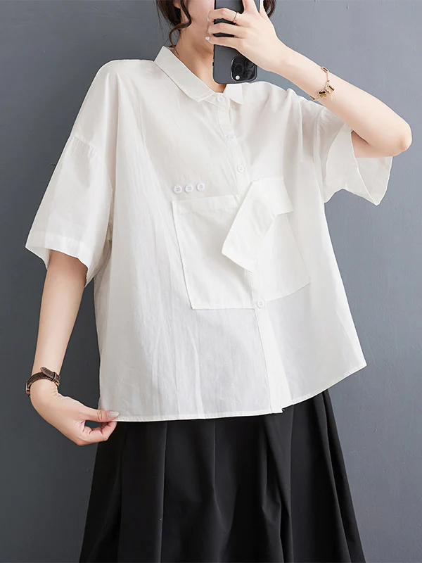 Loose Short Sleeves Solid Color Split-Joint Blouses - Image 7