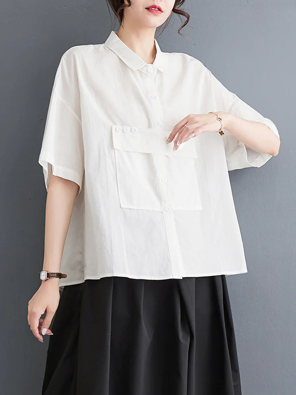 Loose Short Sleeves Solid Color Split-Joint Blouses - Image 8
