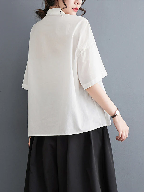 Loose Short Sleeves Solid Color Split-Joint Blouses - Image 9