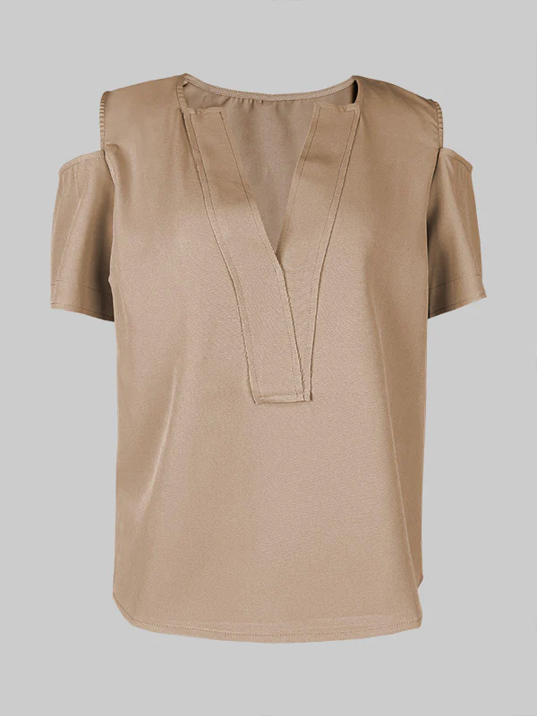 Loose Short Sleeves Solid Color Split-Joint Cold Shoulder Blouses&Shirts Tops - Image 5