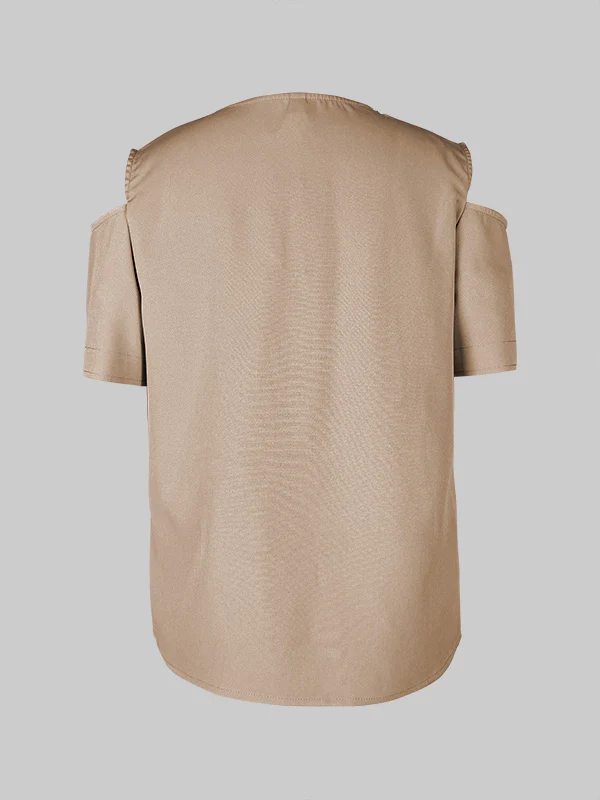 Loose Short Sleeves Solid Color Split-Joint Cold Shoulder Blouses&Shirts Tops - Image 6