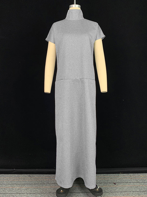 Loose Short Sleeves Solid Color Split-Joint High Neck Maxi Dresses - Image 10