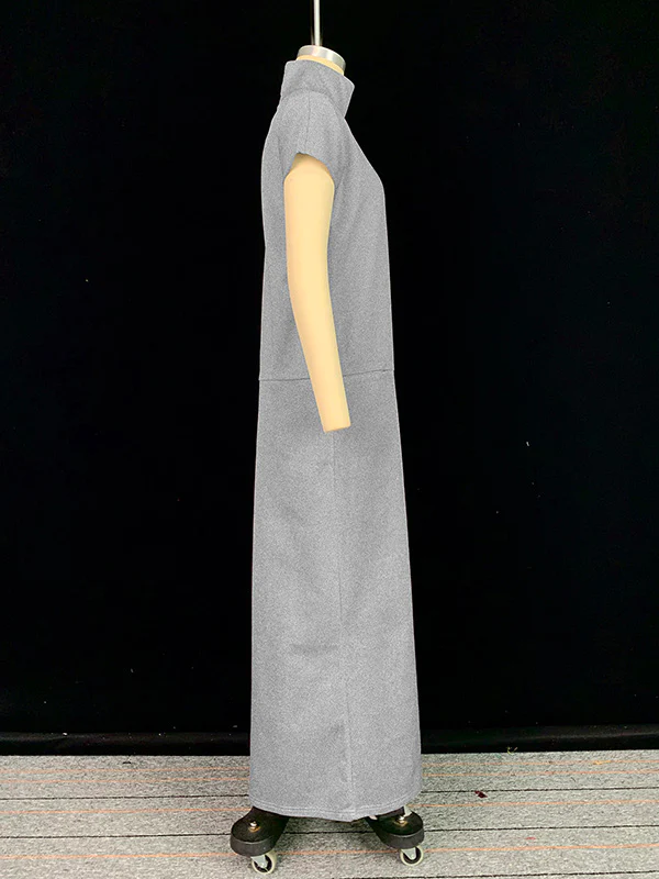 Loose Short Sleeves Solid Color Split-Joint High Neck Maxi Dresses - Image 11
