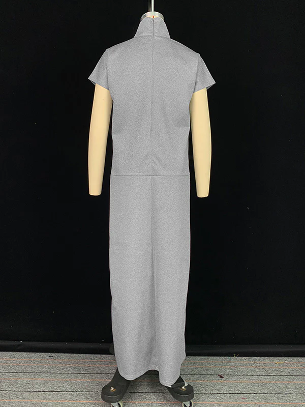 Loose Short Sleeves Solid Color Split-Joint High Neck Maxi Dresses - Image 12