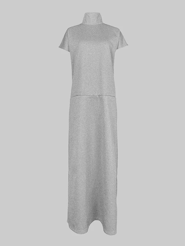 Loose Short Sleeves Solid Color Split-Joint High Neck Maxi Dresses - Image 3