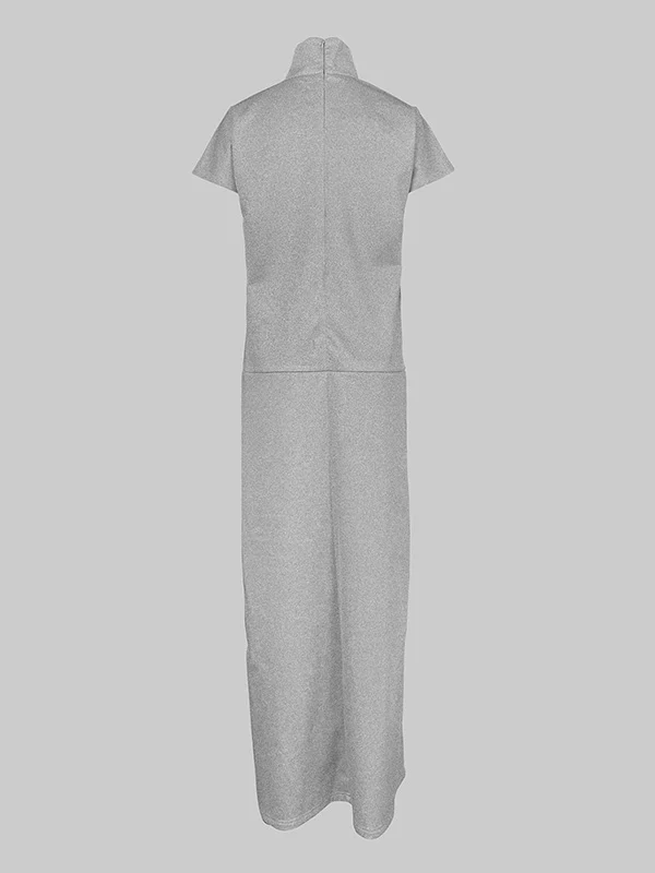 Loose Short Sleeves Solid Color Split-Joint High Neck Maxi Dresses - Image 4