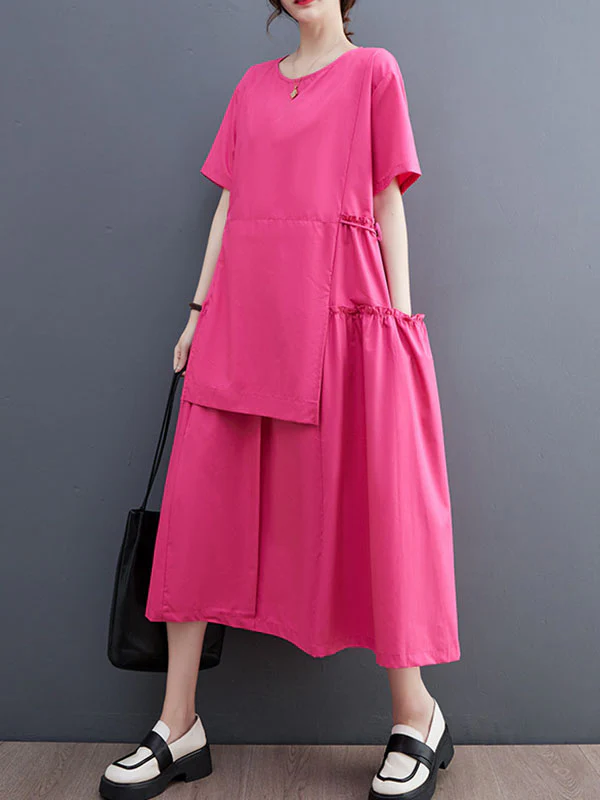 Loose Short Sleeves Solid Color Split-Joint Round-Neck Midi Dresses - Image 10