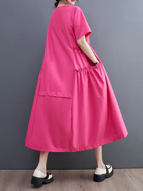 Loose Short Sleeves Solid Color Split-Joint Round-Neck Midi Dresses - Image 11