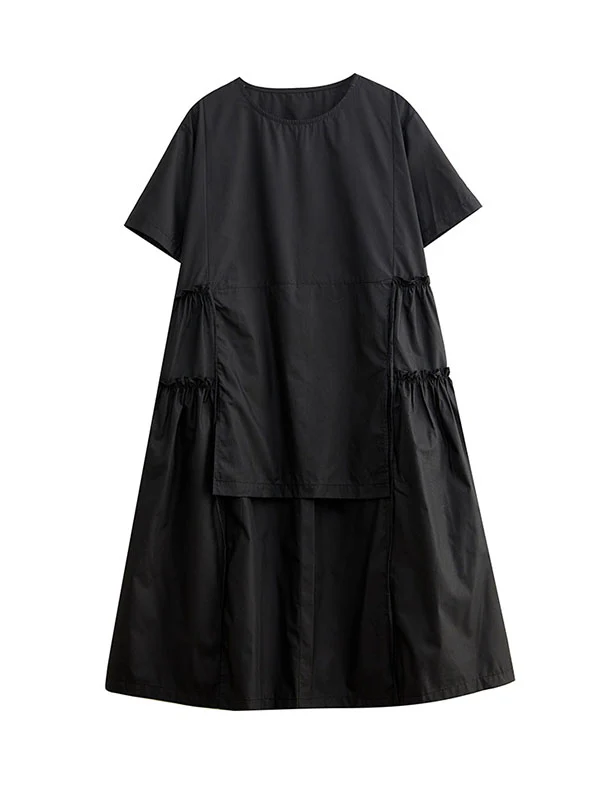 Loose Short Sleeves Solid Color Split-Joint Round-Neck Midi Dresses - Image 12