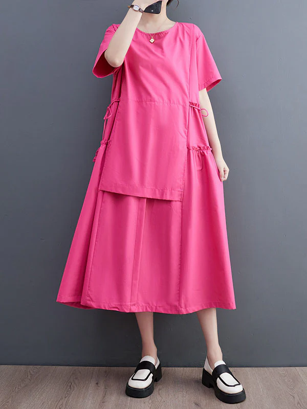Loose Short Sleeves Solid Color Split-Joint Round-Neck Midi Dresses - Image 2