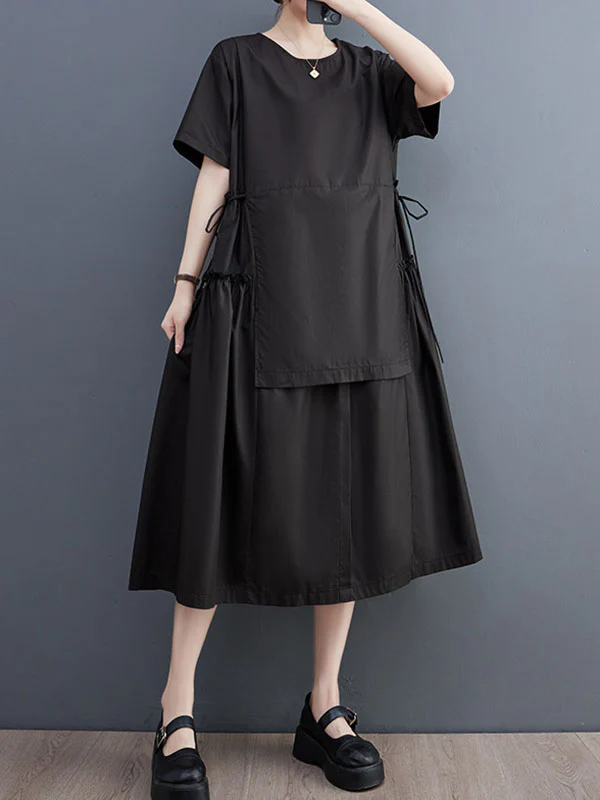 Loose Short Sleeves Solid Color Split-Joint Round-Neck Midi Dresses - Image 3