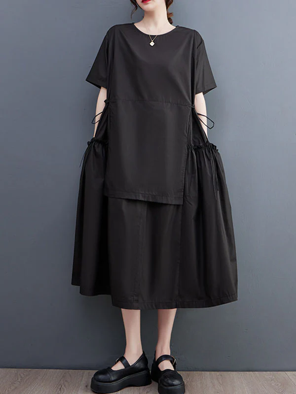 Loose Short Sleeves Solid Color Split-Joint Round-Neck Midi Dresses - Image 4