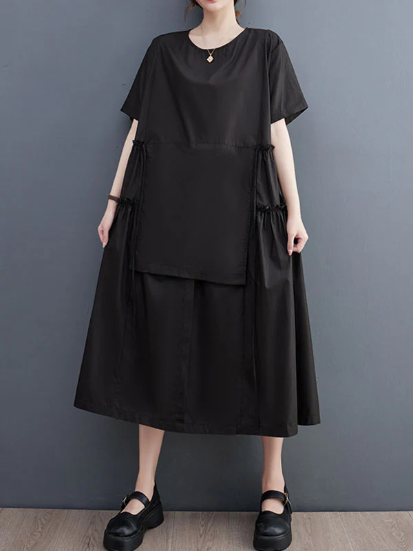 Loose Short Sleeves Solid Color Split-Joint Round-Neck Midi Dresses - Image 5